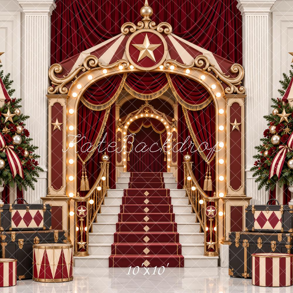 Kate Christmas Circus Staircase Theatrical Entrance Christmas Trees Printed Backdrop Designed by Emetselch