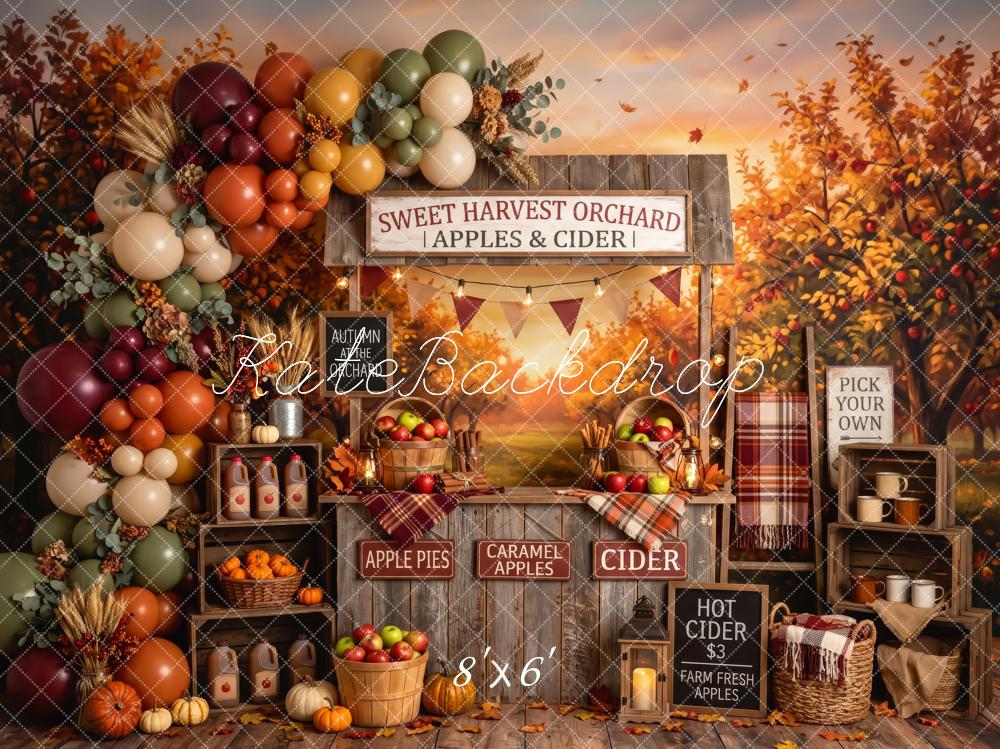 Kate Fall Birthday Apple Orchard Cider Stand Balloons Printed Backdrop Designed by Patty Roberts