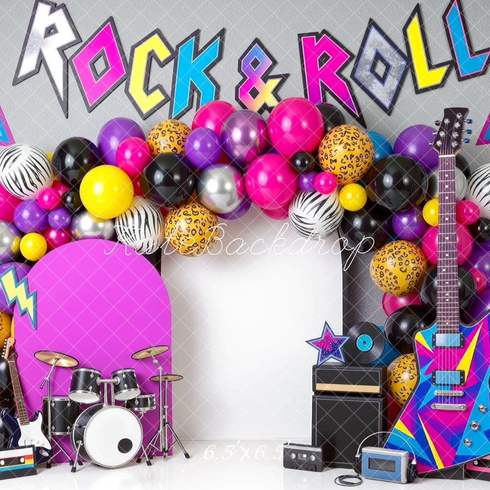 Kate Birthday Rock & Roll Balloon Arch Guitar Drum Set Printed Backdrop Designed by Mini MakeBelieve