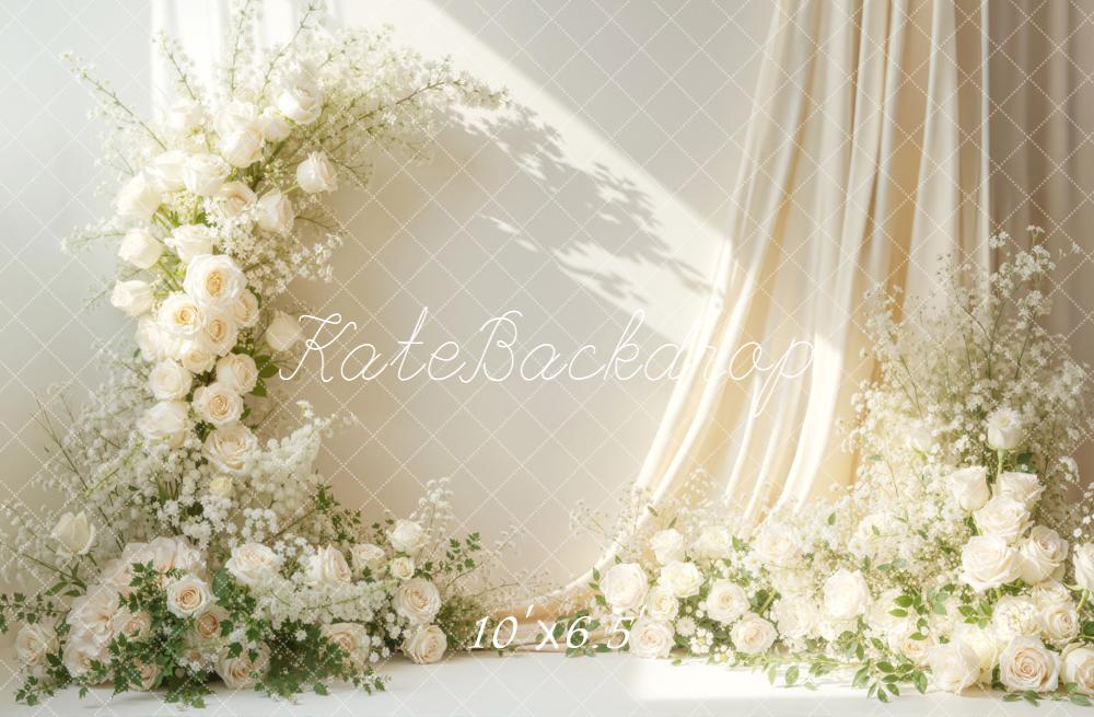 Kate Boho White Flower Arch Cream Roses Drapes Backdrop Designed by Emetselch
