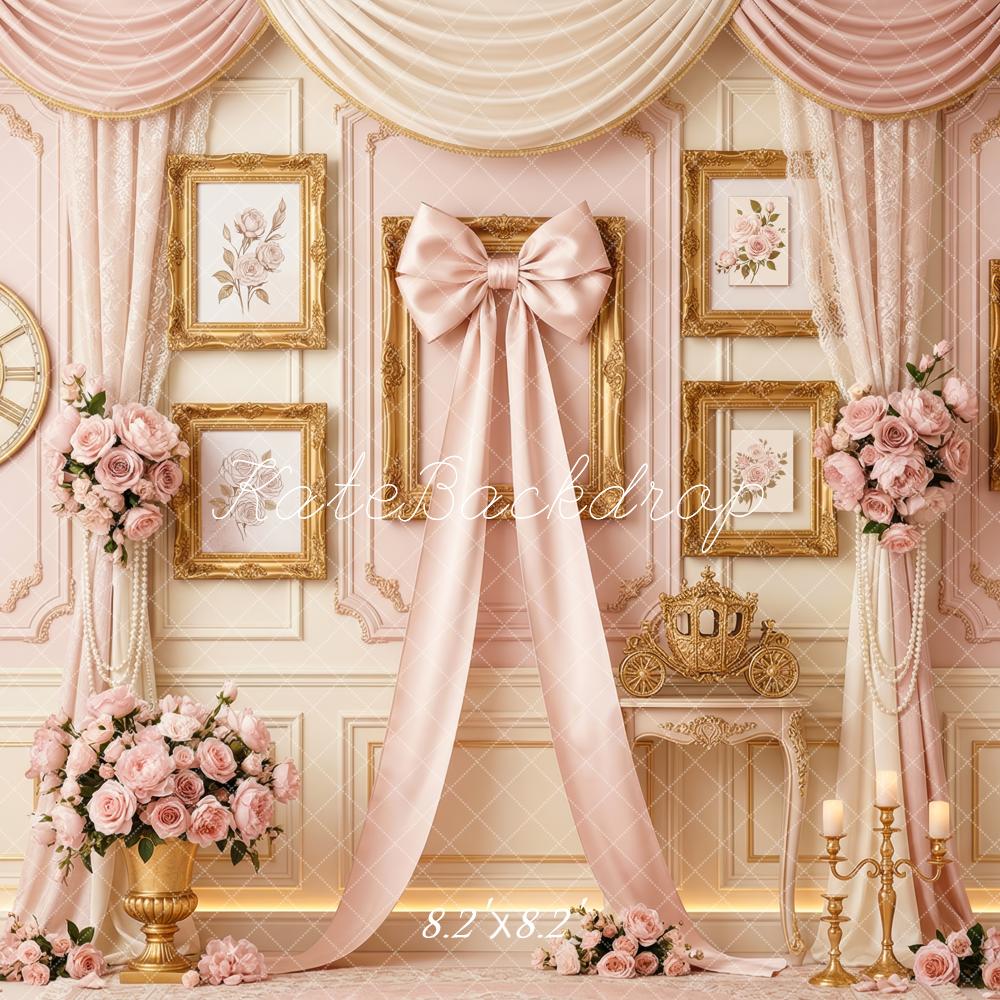 Kate Vintage Pink Bow Curtains Floral Gold Frame Wall Printed Backdrop Designed by Patty Roberts
