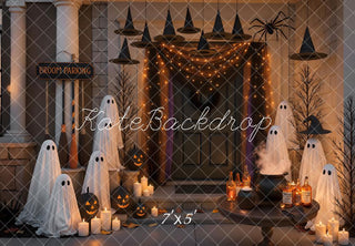 Kate Halloween Porch Ghosts Witch Hats Pumpkins Cauldron Printed Backdrop Designed by Mini MakeBelieve