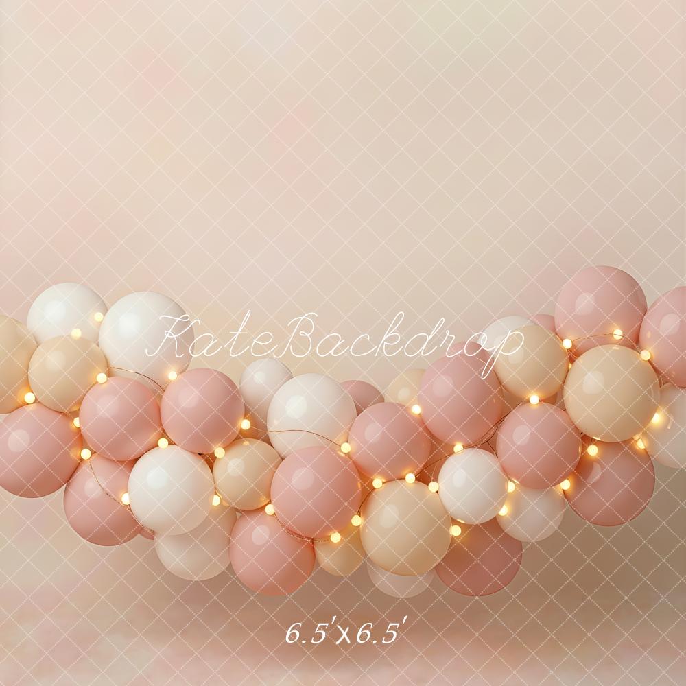 Kate Cake Smash Pink Balloon Garland String Lights Printed Backdrop Designed by Emetselch