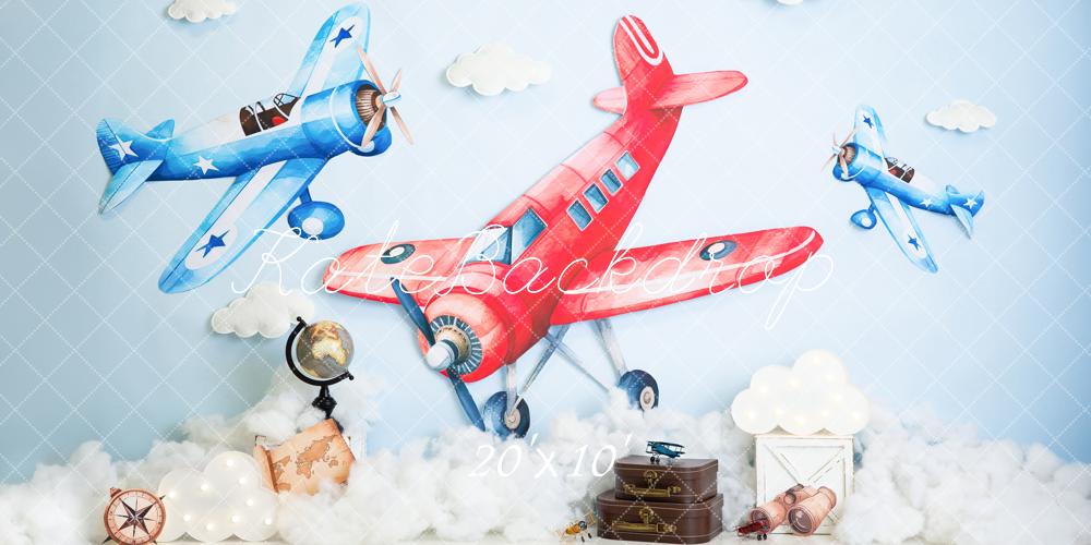 Kate Cake Smash Airplane Clouds Globe Suitcase Map Backdrop Designed by Megan Leigh Photography