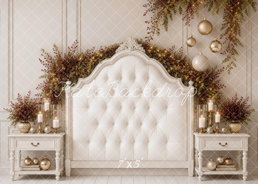 Kate Christmas White Tufted Headboard Garland Nightstands Printed Backdrop Designed by Ashley Ward