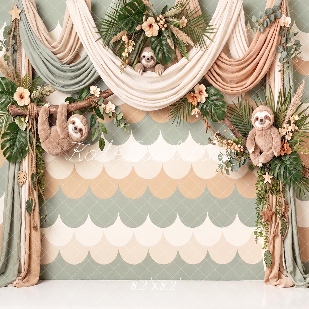 Kate Cake Smash Jungle Sloth Floral Drapery Printed Backdrop Designed by Angela Miller