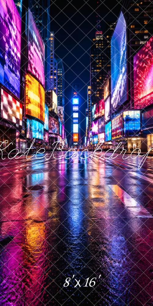 Kate Sweep Neon City Street Billboards Night Reflections Printed Backdrop Designed by Vertigo Productions
