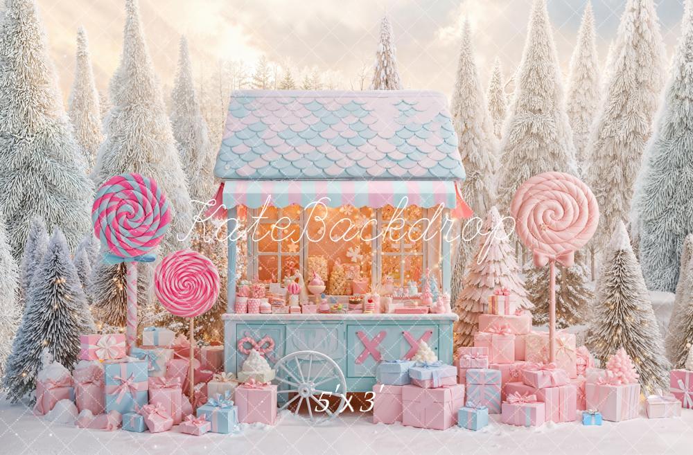 Kate Christmas Candy Stand Lollipops Gift Snowy Pastel Backdrop Designed by Emetselch
