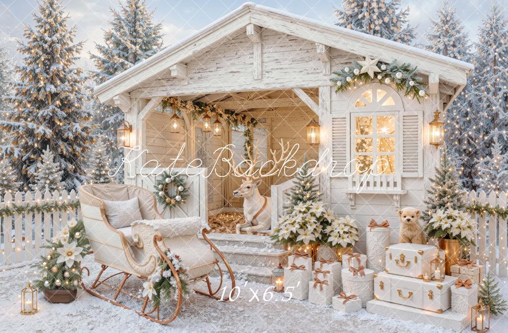 Kate Christmas Cabin Reindeer Sleigh Gifts Snowy Printed Backdrop Designed by Mini MakeBelieve