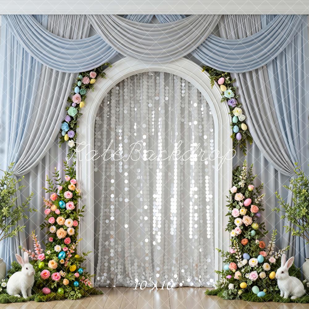 Kate Easter Bunny Floral Arch Blue Curtains Backdrop Designed by Mini MakeBelieve