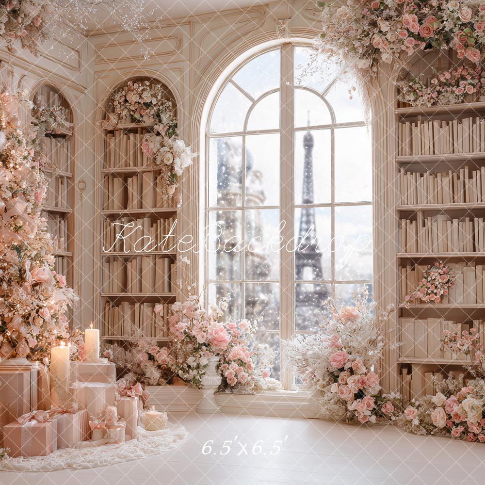 Kate Christmas Pink Floral Bookshelves Window Eiffel Tower Backdrop Designed by Ashley Paul