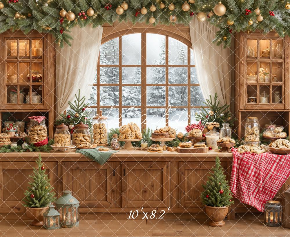 Kate Christmas Kitchen Cookie Wooden Cabinet Pine Garland Window Backdrop Designed by Emetselch