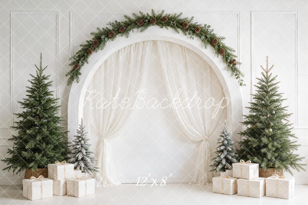 Kate Christmas Minimalist White Arched Wall Pine Tree Gift Printed Backdrop Designed by Emetselch