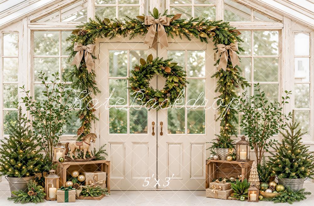 Kate Christmas Greenhouse Door Garland Evergreen Wreath Rustic Printed Backdrop Designed by Emetselch