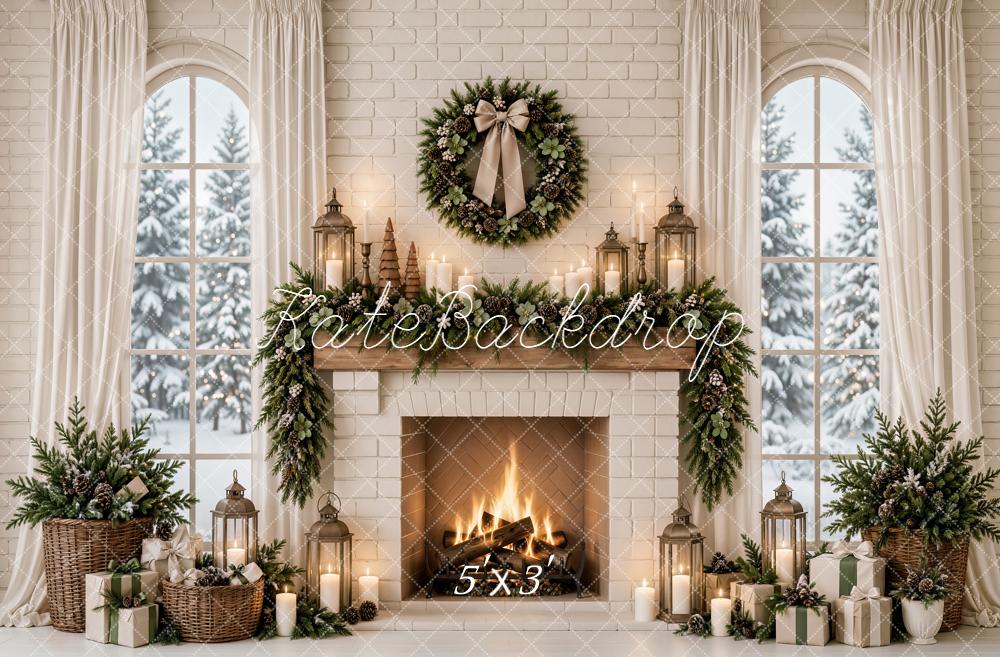 Kate Christmas White Brick Fireplace Wreath Arched Window Printed Backdrop Designed by Emetselch