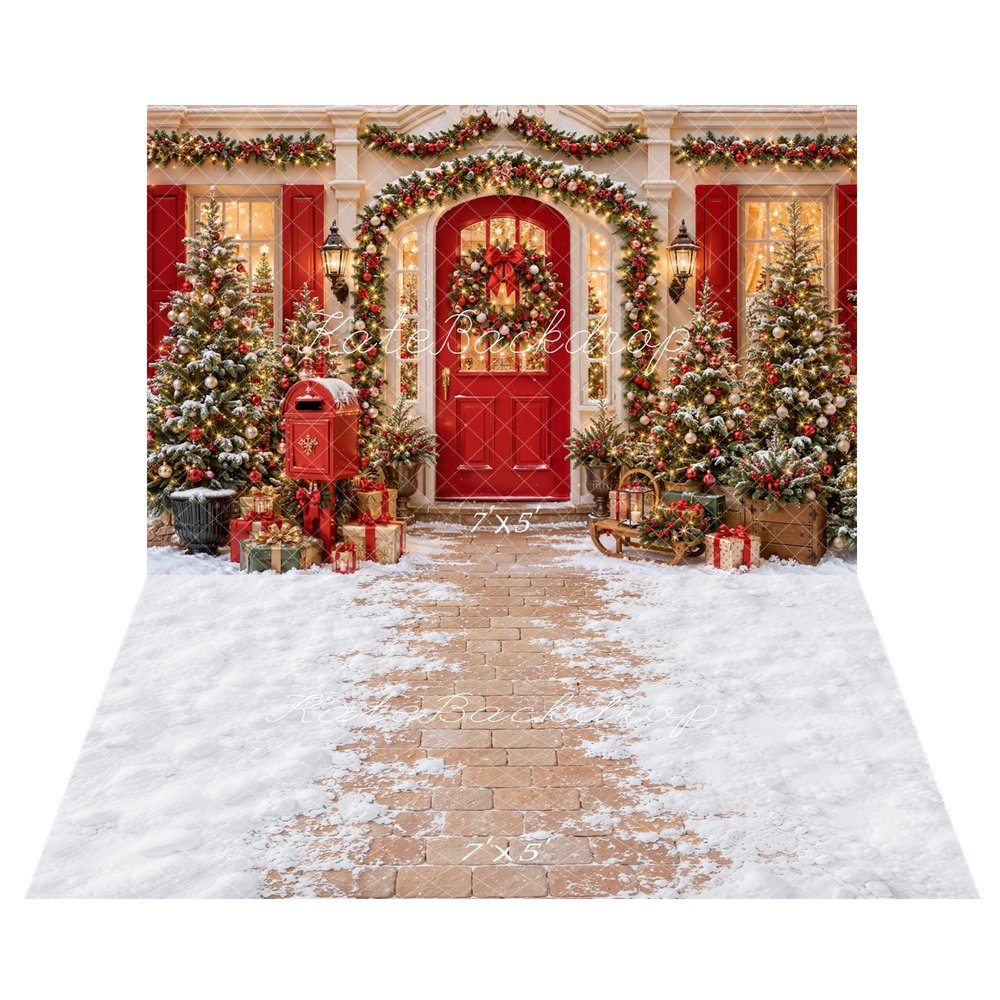 Kate Christmas Red Door Wreath Garland Trees Mailbox Printed Backdrop+Winter Snow Brick Floor Printed Backdrop