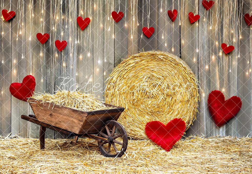 Kate Valentine's Day Hay Bale Wheelbarrow Hearts Printed Backdrop Designed by Fantasyphotoart