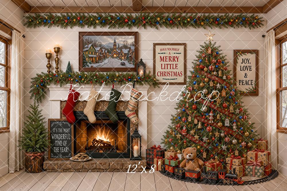 Kate Christmas Fireplace Christmas Tree Toys Train Rustic Printed Backdrop Designed by Shutter Swan Studios