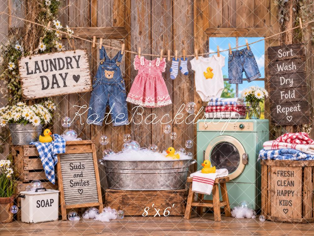 Kate Rustic Laundry Day Kids Clothesline Washing Machine Printed Backdrop Designed by Laura Bybee