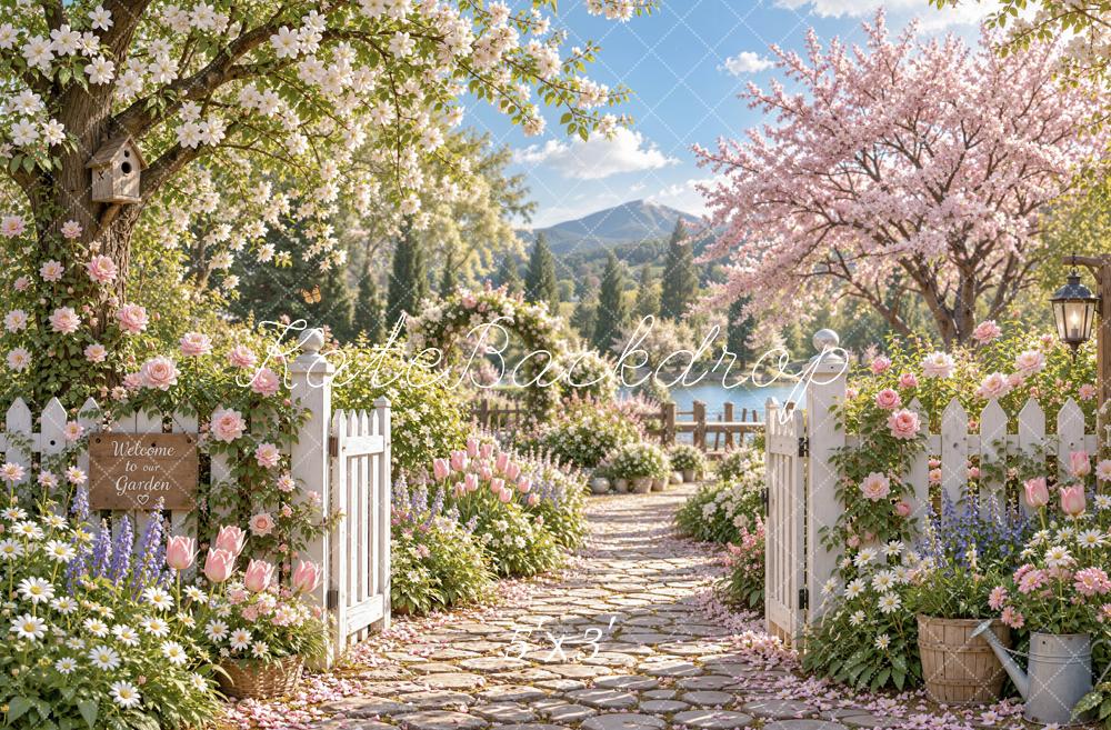 Kate Spring Cherry Blossoms Flower Garden Gate Mountain View Printed Backdrop Designed by Emetselch