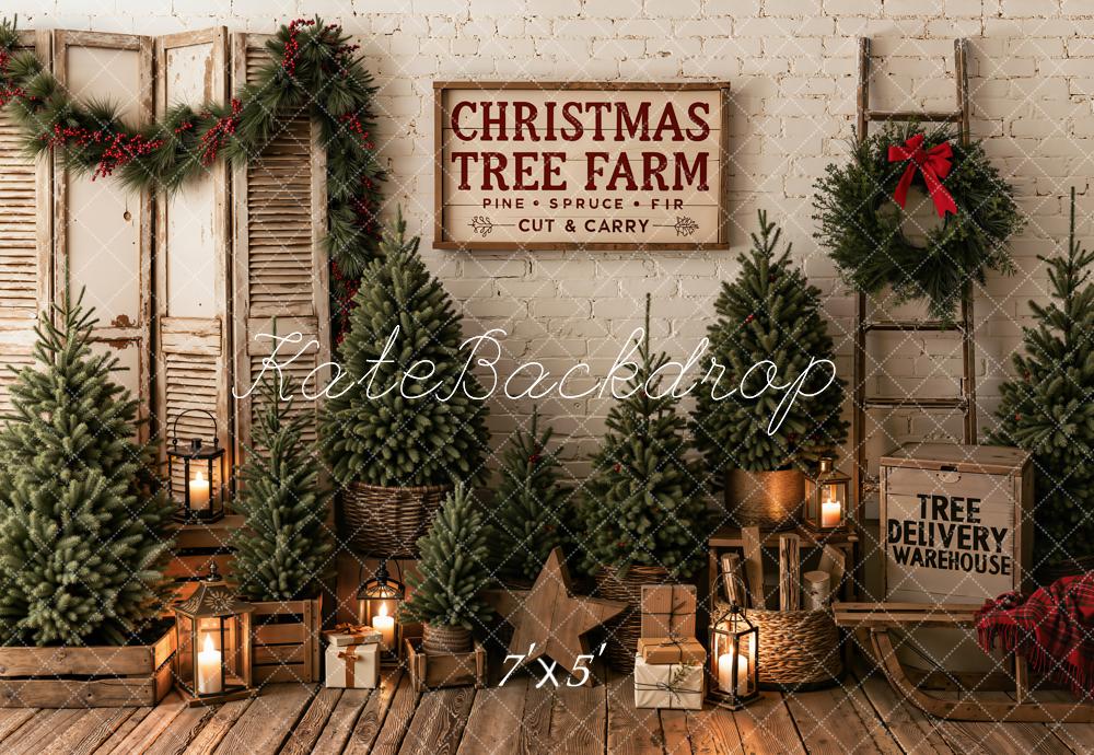 Kate Christmas Tree Farm Rustic Pine Trees Garland Printed Backdrop Designed by Emetselch
