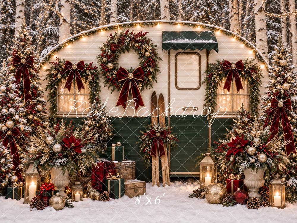 Kate Christmas Camper Snowy Forest Wreaths Red Bows Printed Backdrop Designed by Ashley Paul