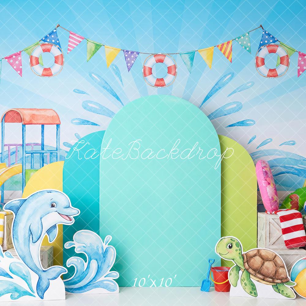 Kate Summer Pool Party Dolphin Turtle Waves Slide Printed Backdrop Designed by Patty Roberts