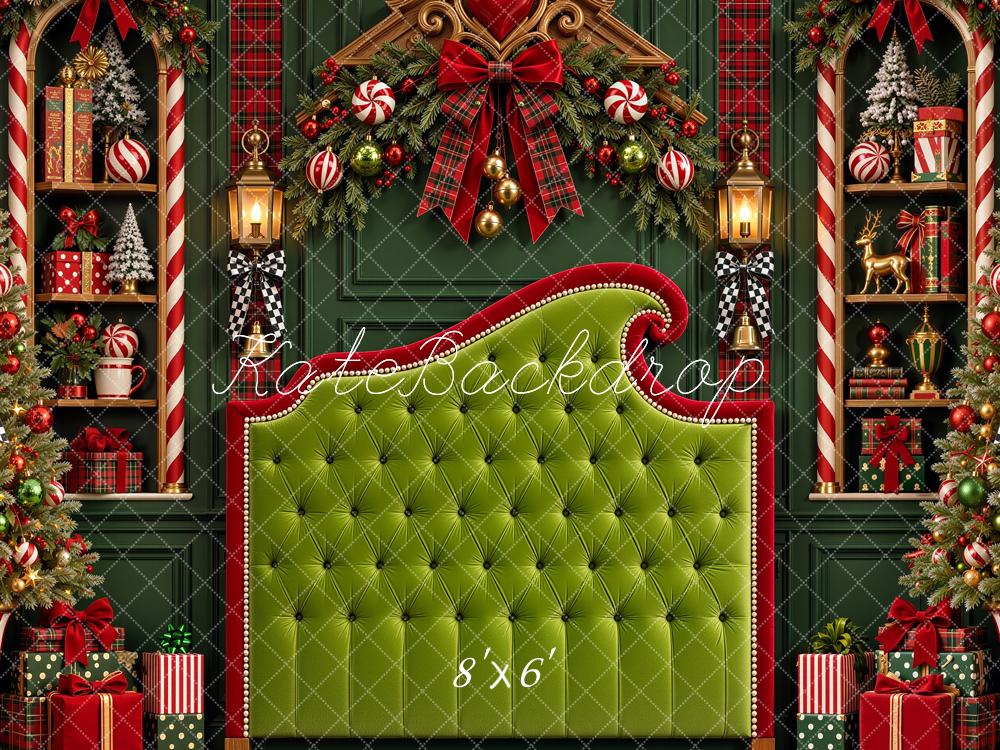Kate Christmas Green Headboard Trees Candy Cane Plaid Printed Backdrop Designed by Shutter Swan Studios