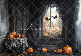 Kate Halloween Gothic Spider Web Window Pumpkins Bats Printed Backdrop Designed by Emetselch
