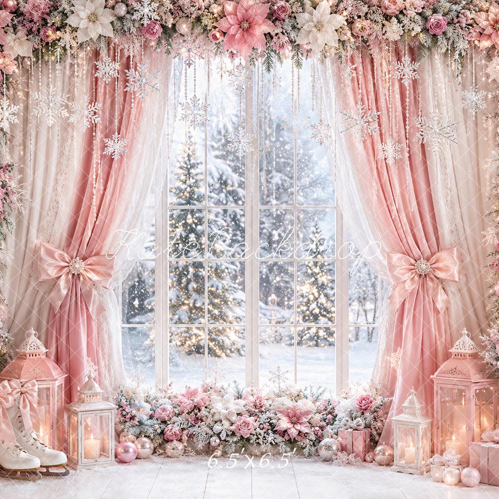 Kate Christmas Pink Curtains Flower Arch Window Snowy Printed Backdrop Designed by Ashley Paul
