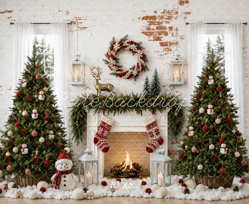 Kate Christmas Trees Fireplace Snowman Reindeer Wreath Vintage Wall Printed Backdrop Designed by Emetselch