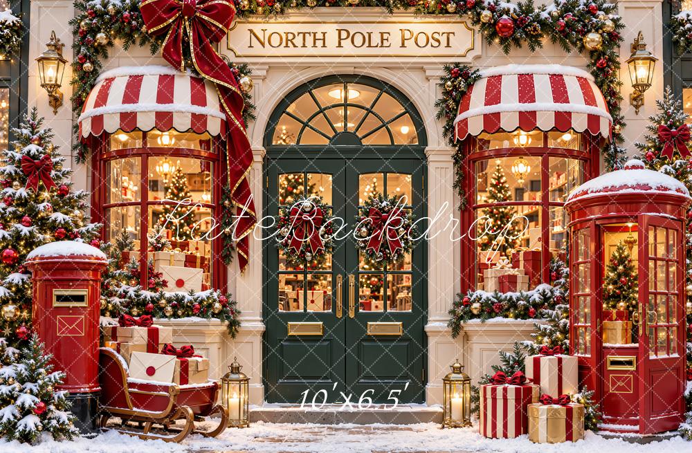 Kate Christmas North Pole Post Office Storefront Red Green Snow Printed Backdrop Designed by Emetselch