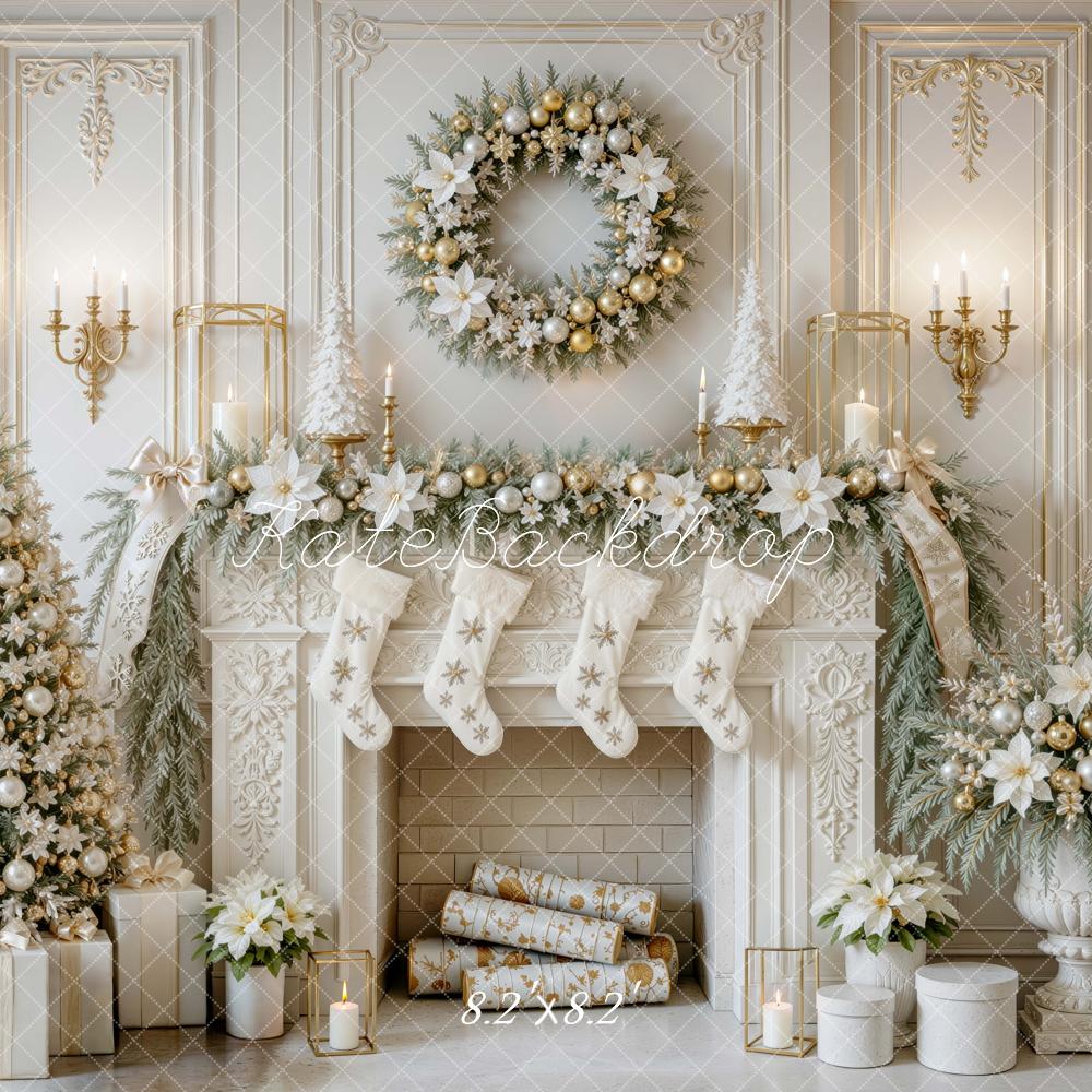 Kate Christmas Vintage Gold Fireplace Tree Wreath Printed Backdrop Designed by Mini MakeBelieve