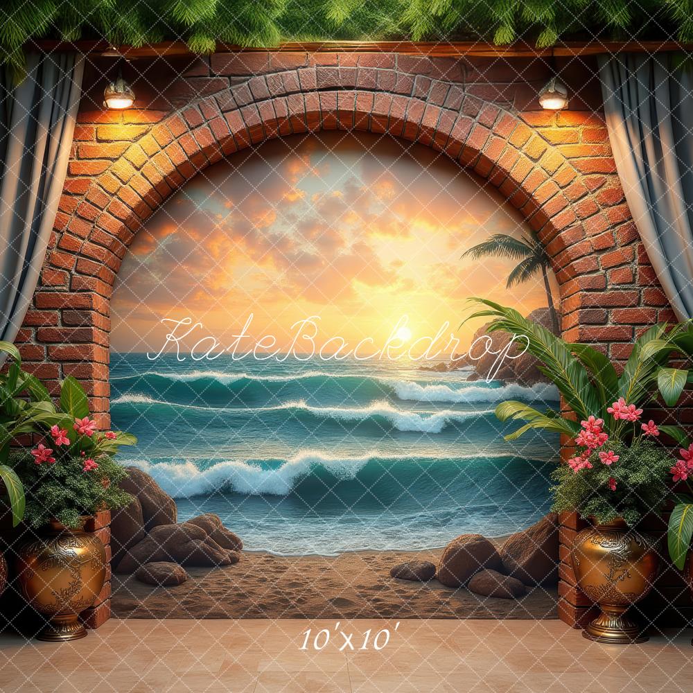 Kate Summer Brick Arch Beach Sunset Ocean Waves Printed Backdrop Designed by Laura Bybee