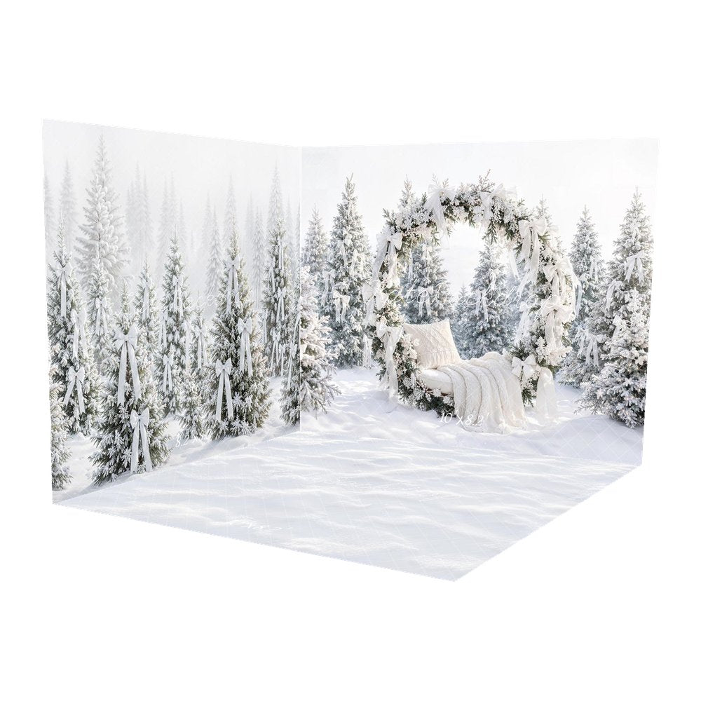 Kate Christmas Flower Arch Snowy Pine Trees White Bows Printed Backdrop Room Set