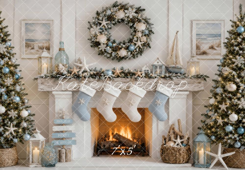 Kate Christmas Coastal Fireplace Stockings Blue Wreath Seashell Printed Backdrop Designed by Vertigo Productions