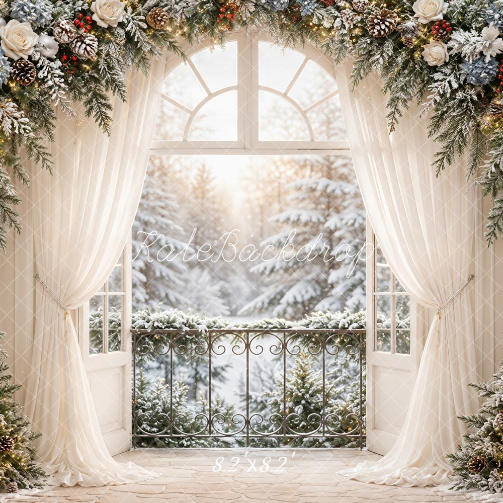 Kate Christmas Snowy Flower Arch Window Printed Backdrop Designed by Emetselch