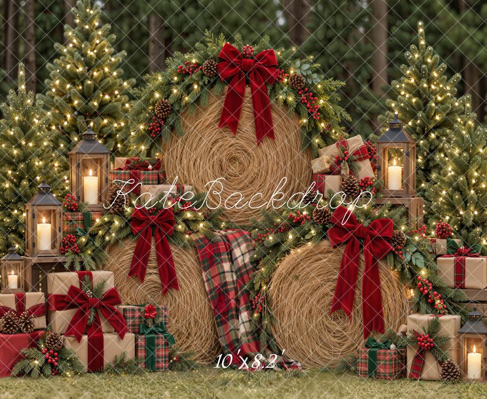 Kate Christmas Hay Bale Wreaths Red Bow Tartan Gifts Trees Printed Backdrop Designed by Emetselch