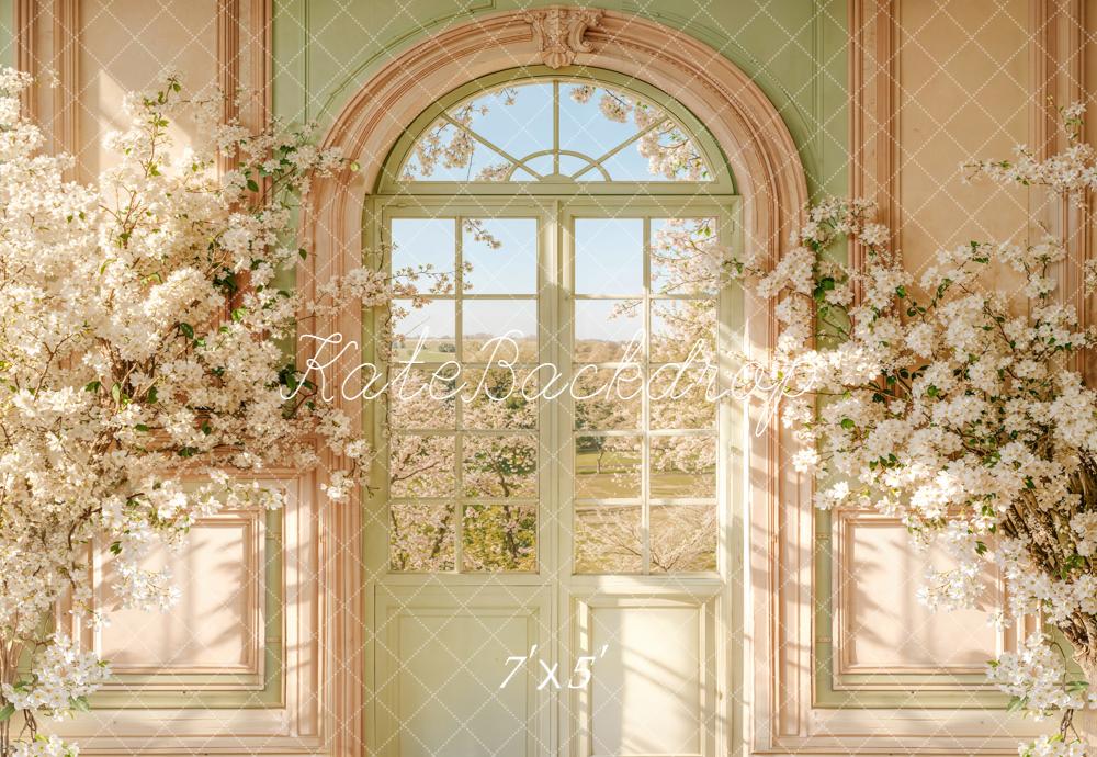 Kate Spring Arch Door White Flower Blossoms Sunlight Backdrop Designed by Emetselch