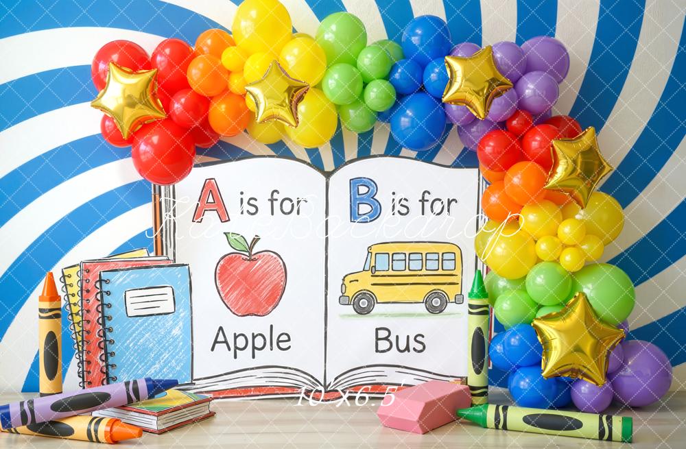 Kate Back To School ABC Apple Bus Rainbow Balloons Backdrop Designed by Chain Photography