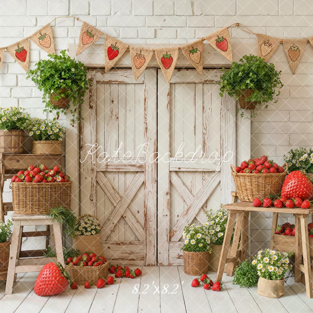Kate Summer Rustic Strawberry Baskets Wooden Door Flowers Backdrop Designed by Emetselch