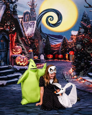 Kate Halloween Pumpkin Dark Town Street Printed Backdrop Designed by Mini MakeBelieve
