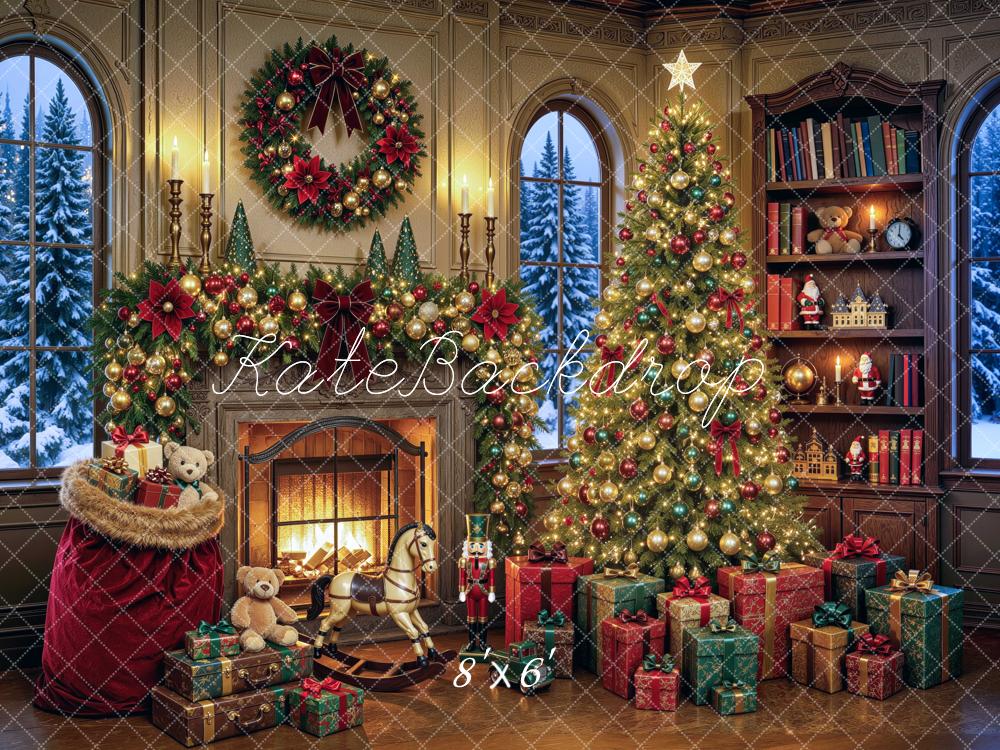Kate Christmas Fireplace Tree Bookshelf Gifts Printed Backdrop Designed by Mini MakeBelieve