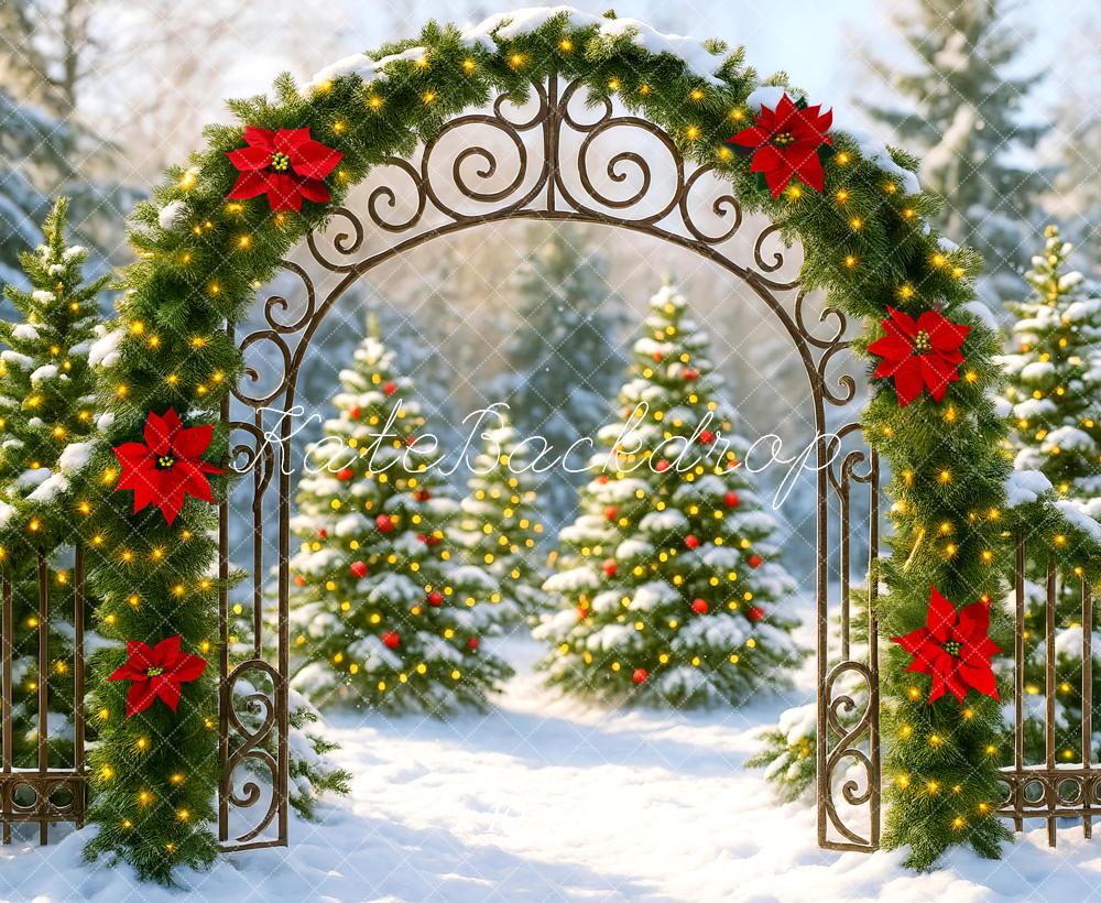Kate Christmas Arch Poinsettias Garland Snowy Trees Backdrop Designed by Mini MakeBelieve