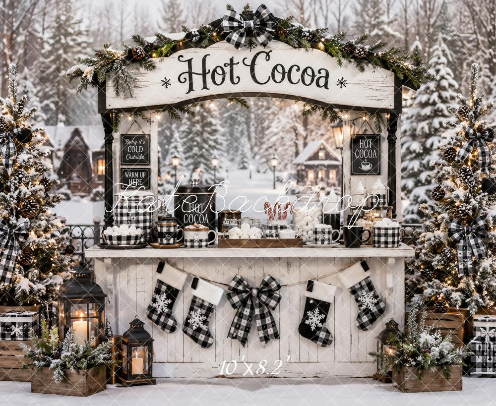 Kate Christmas Black Plaid Hot Cocoa Stand Snowy Forest Printed Backdrop Designed by Ashley Paul