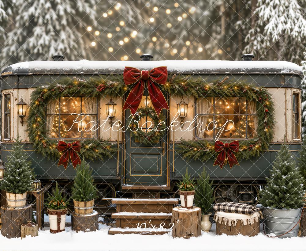 Kate Christmas Snowy Garland Trailer Res Bow Printed Backdrop Designed by Emetselch
