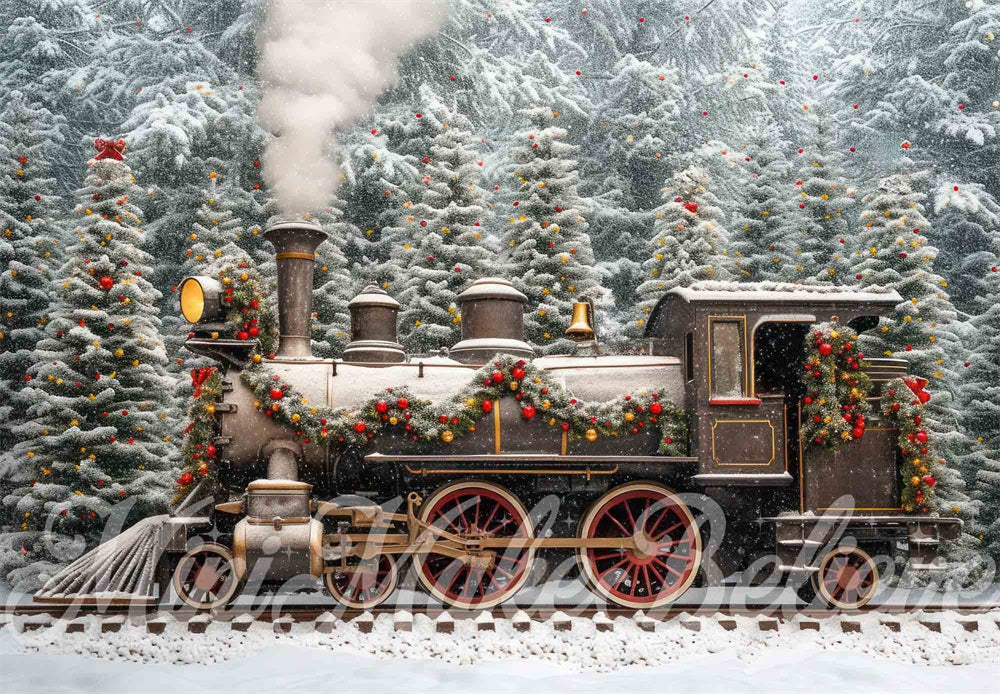 Winter Outdoor Bos Kerst Retro Trein Foto Achtergrond Ontworpen door Mini MakeBelieve