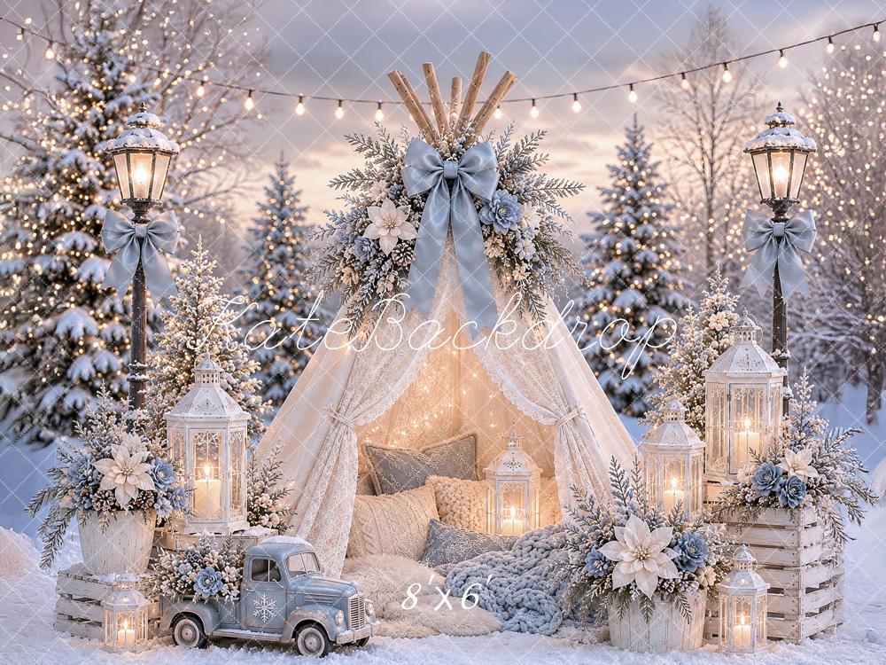 Kate Christmas Forest Lace Teepee Lamps Vintage Truck Bow Printed Backdrop Designed by Ashley Paul