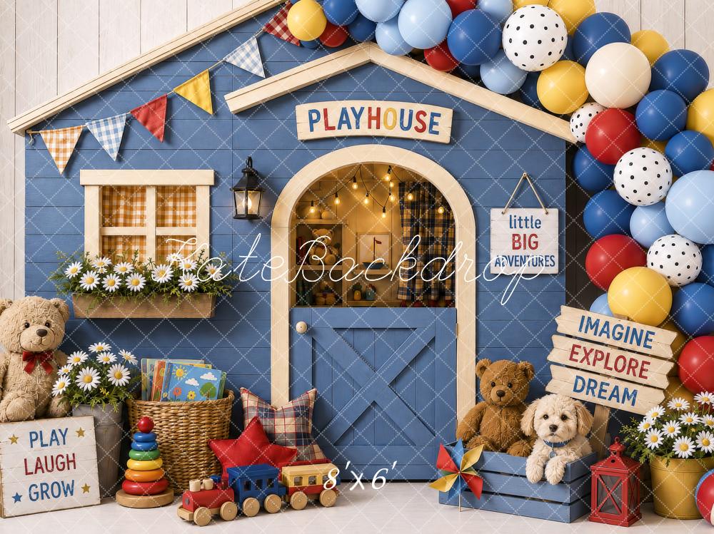 Kate Cake Smash Playhouse Blue Balloons Teddy Bears Toys Printed Backdrop Designed by Shutter Swan Studios