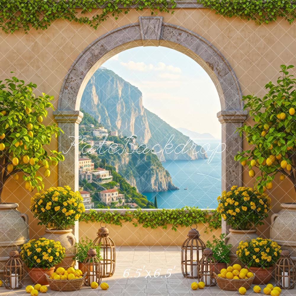 Kate Summer Mediterranean Terrace Lemons Arch Mountain Ocean View Printed Backdrop Designed by Patty Roberts